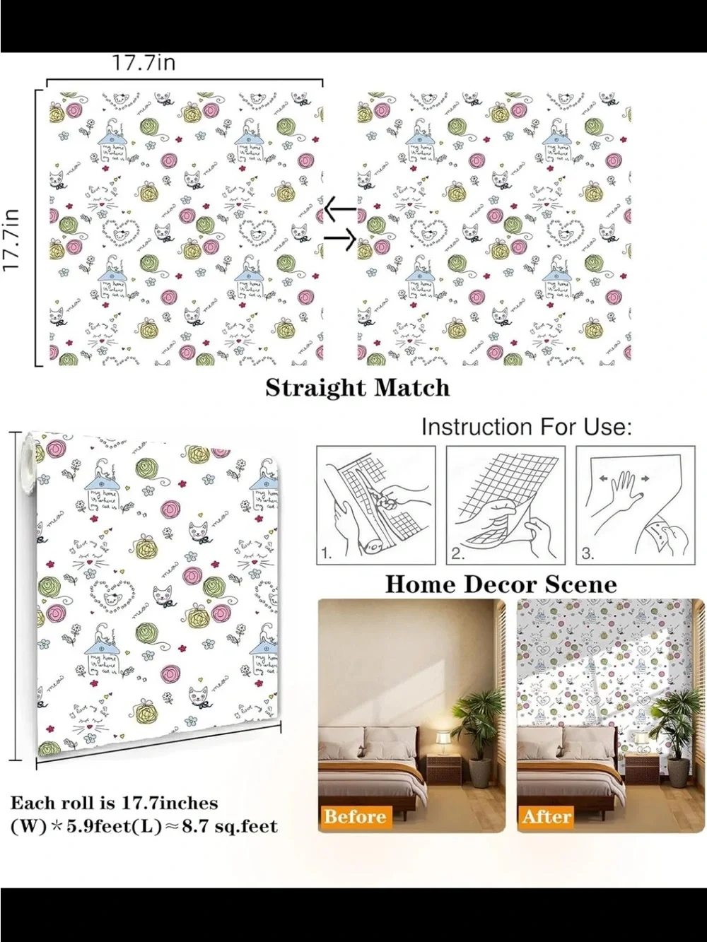 3 Rolls of Cute Cat & Floral Pattern Print Peel and Stick Wallpaper